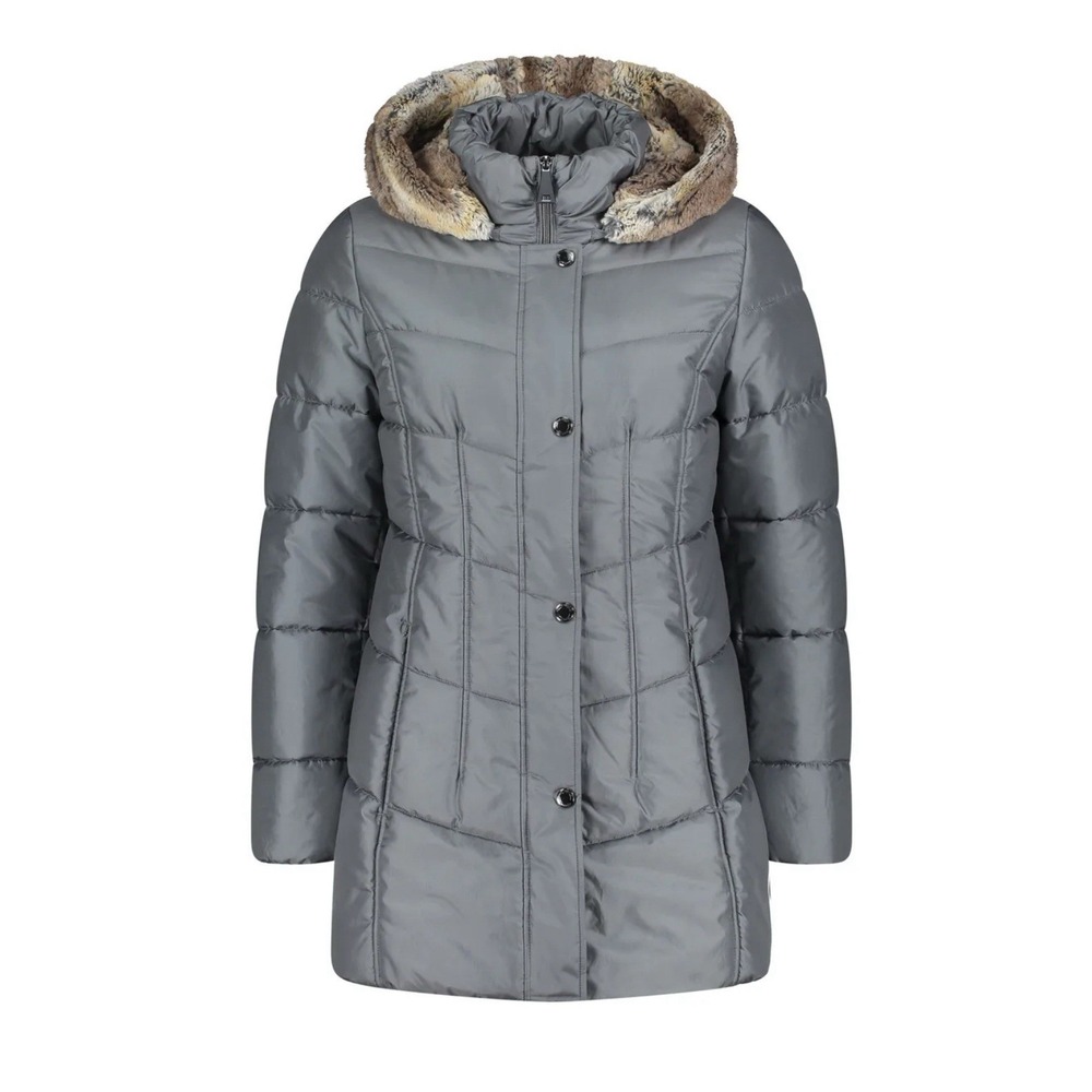 Betty Barclay Women's Puffer Coat Blue Gray Mid-Length Hooded Faux Fur Sz 16 EUC